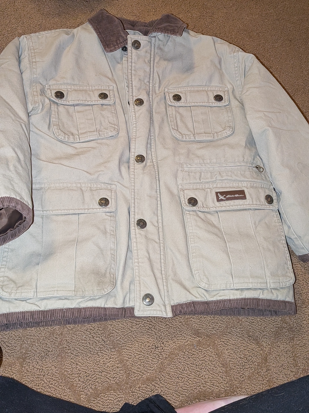 Eddie Bauer KHAKI TAN Kids Pea Coat with Brown Corduroy Trim BOYS 8 EXC SHAPE